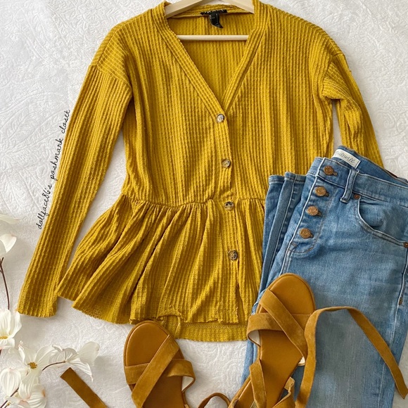 The Moon Tops - Waffle Knit Peplum Cardigan